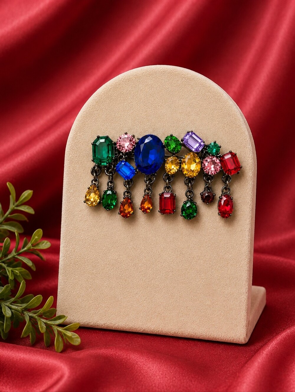 Multicolor Rhinestone Drop Brooch - Statement Women's Accessory - Picture 2 of 3